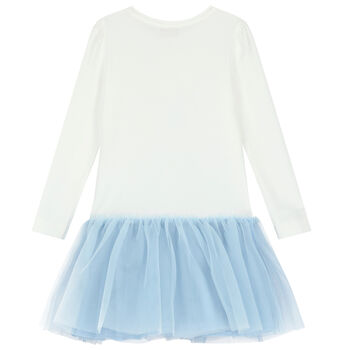 فستان بنات تول بطبعة تطبعة تيدي باللون الأبيض والأزرق